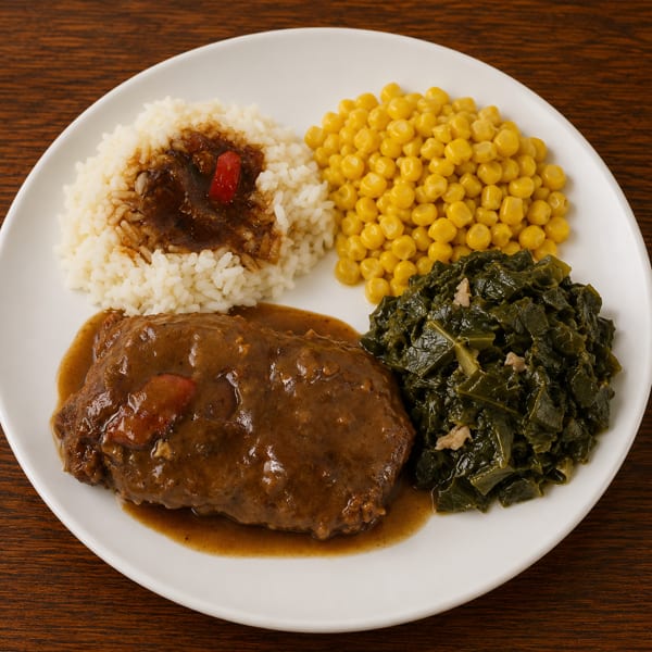 Smothered steak with gravy, white rice, corn, and collard greens on a white plate.