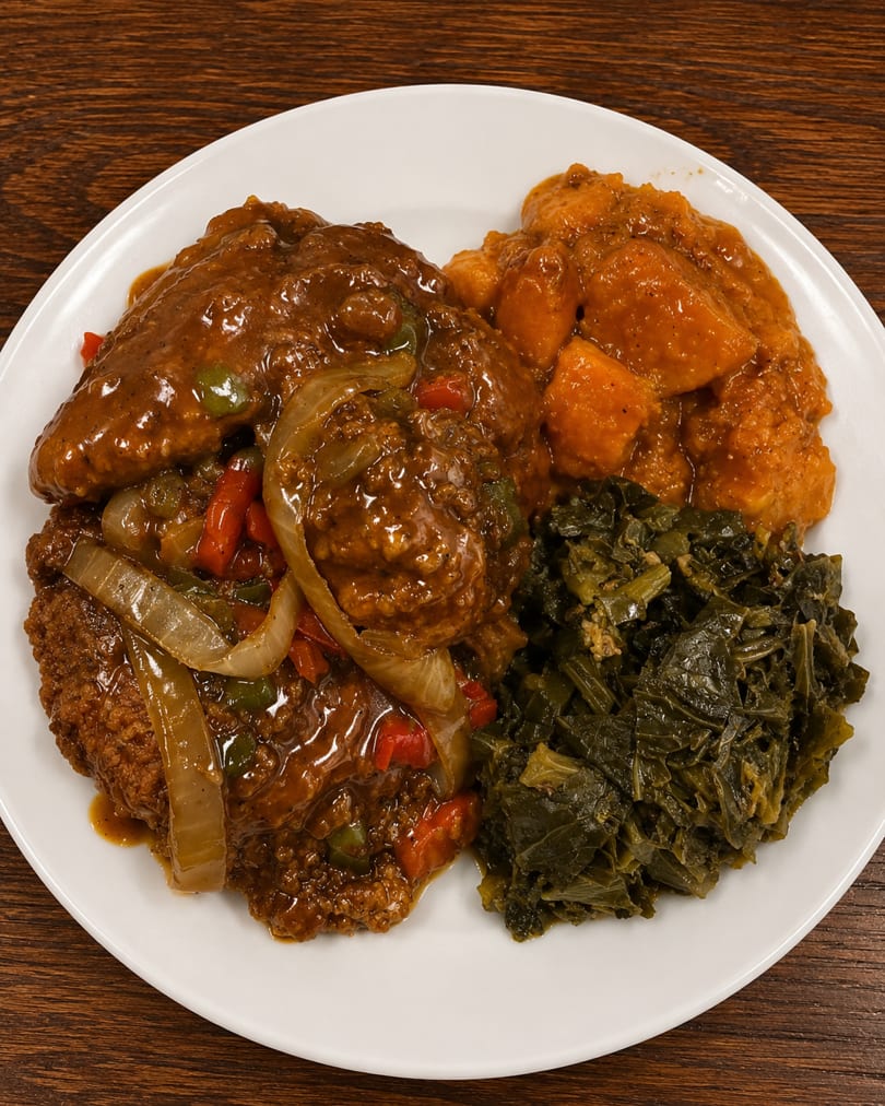 Smothered chicken with onions and peppers, candied yams, and collard greens on a white plate.