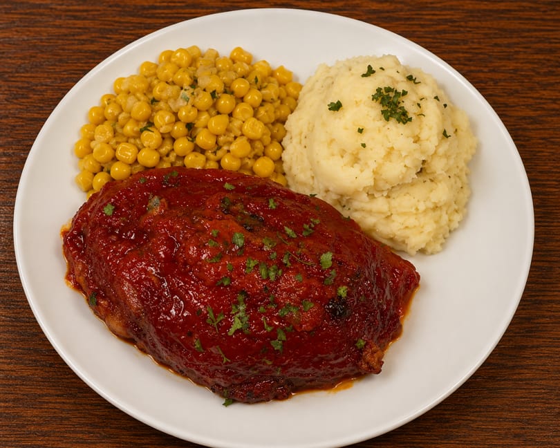 Meatloaf with red sauce, mashed potatoes, and corn on a white plate.